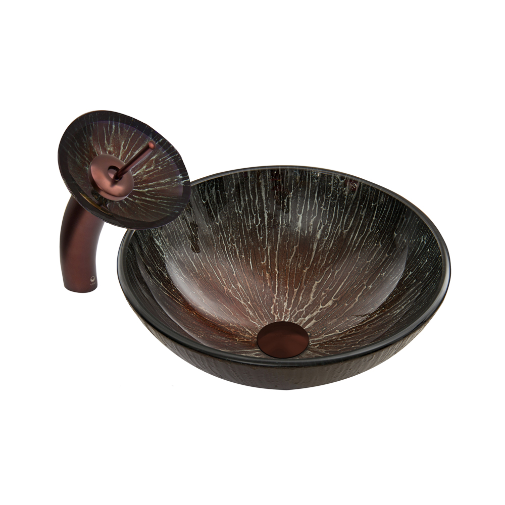 Enchanted Earth Glass Vessel Sink and Waterfall Faucet Set in Oil Rubbed Bronze Finish
