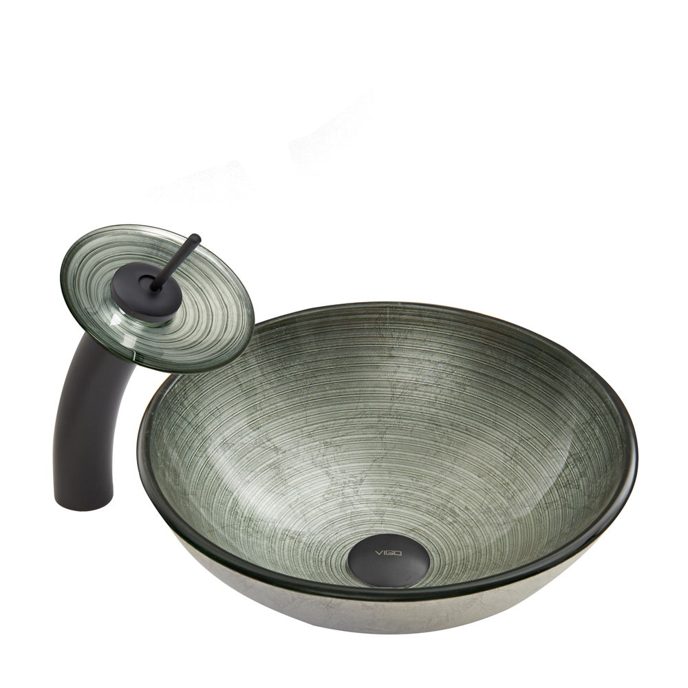 Simply Silver Glass Vessel Sink and Waterfall Faucet Set in Matte Black Finish