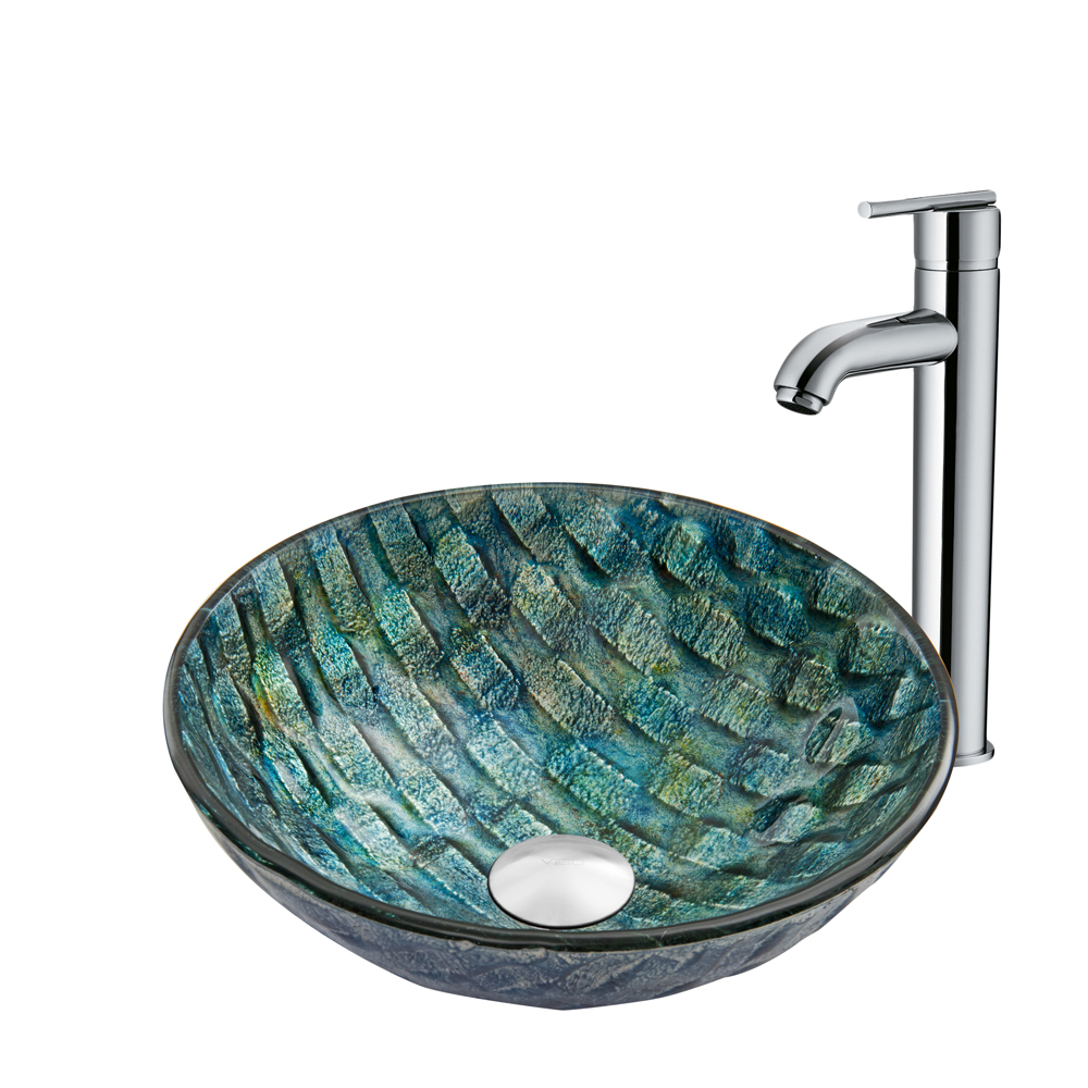 Oceania Glass Vessel Sink and Seville Faucet Set in Chrome