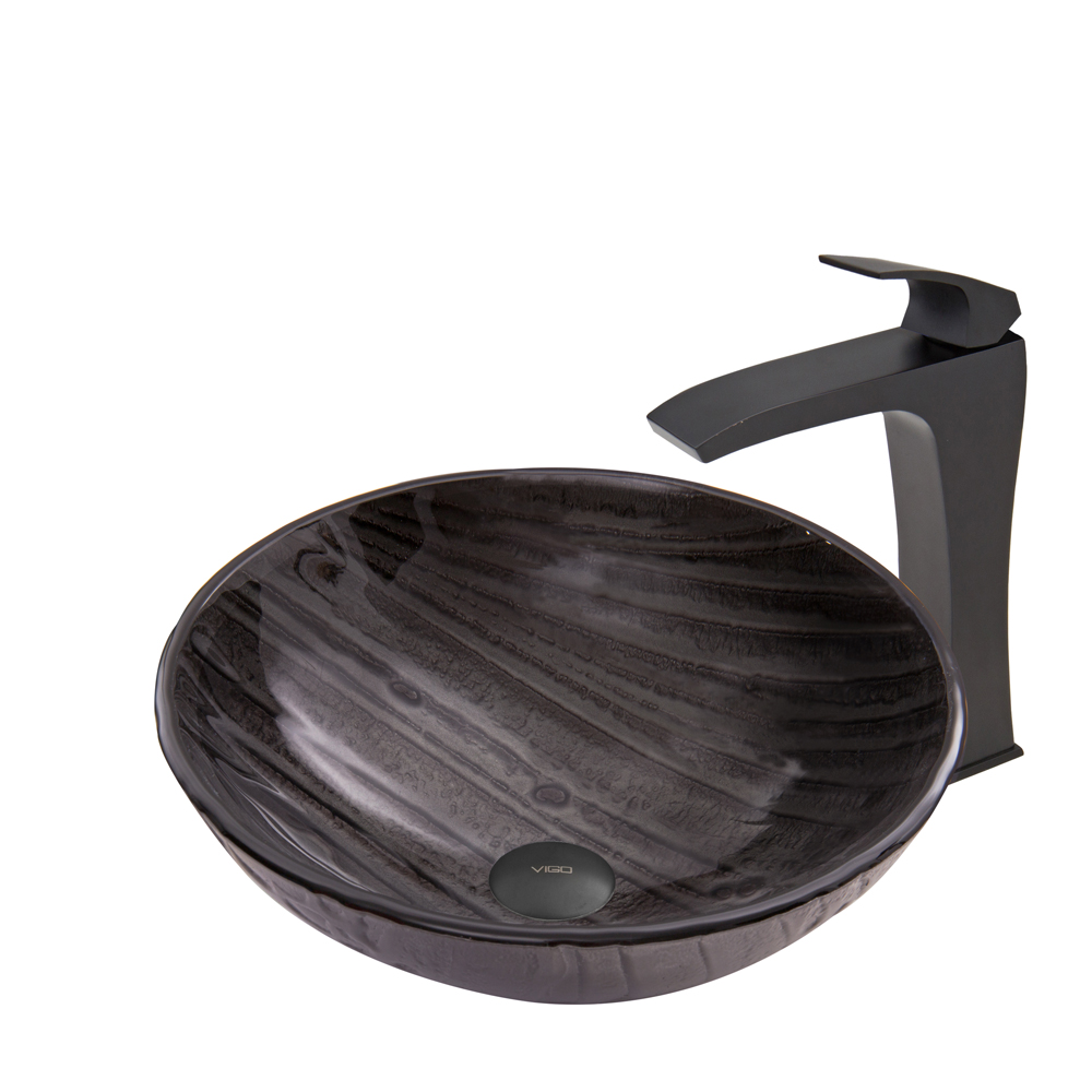 Interspace Glass Vessel Sink and Blackstonian Faucet Set in Matte Black