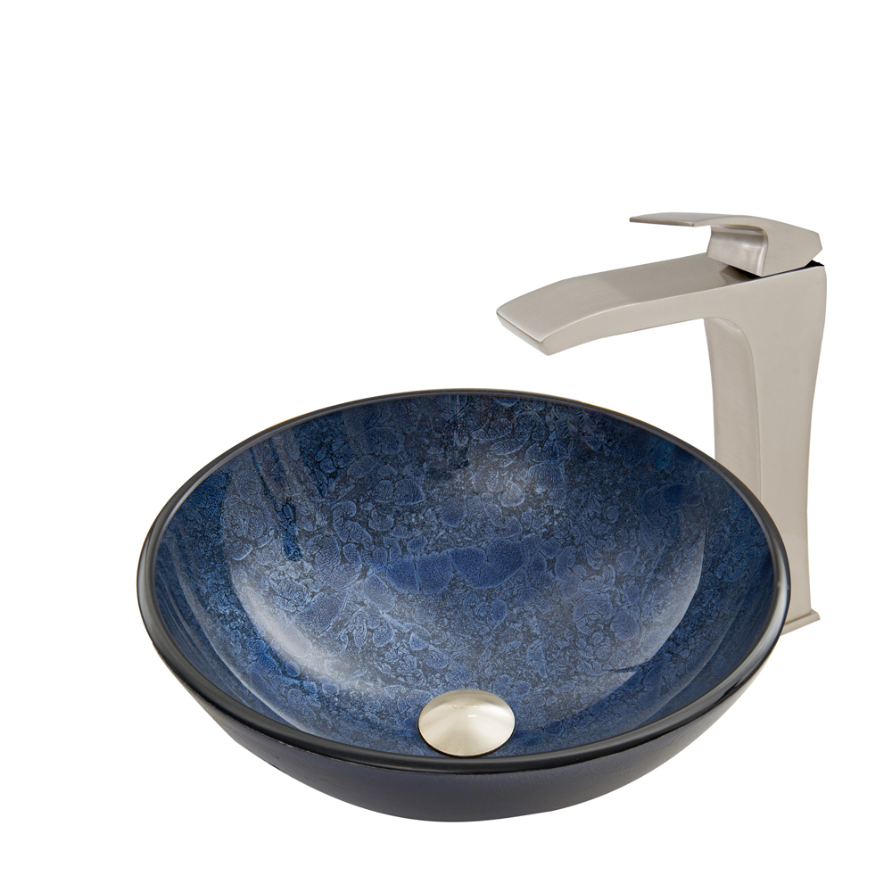 Indigo Eclipse Glass Vessel Sink and Blackstonian Faucet Set in Brushed Nickel