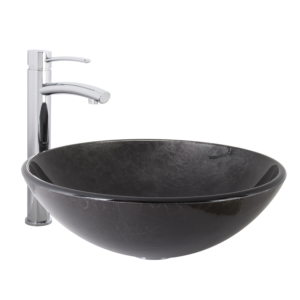 Gray Onyx Glass Vessel Sink and Milo Bathroom Vessel Faucet in Chrome