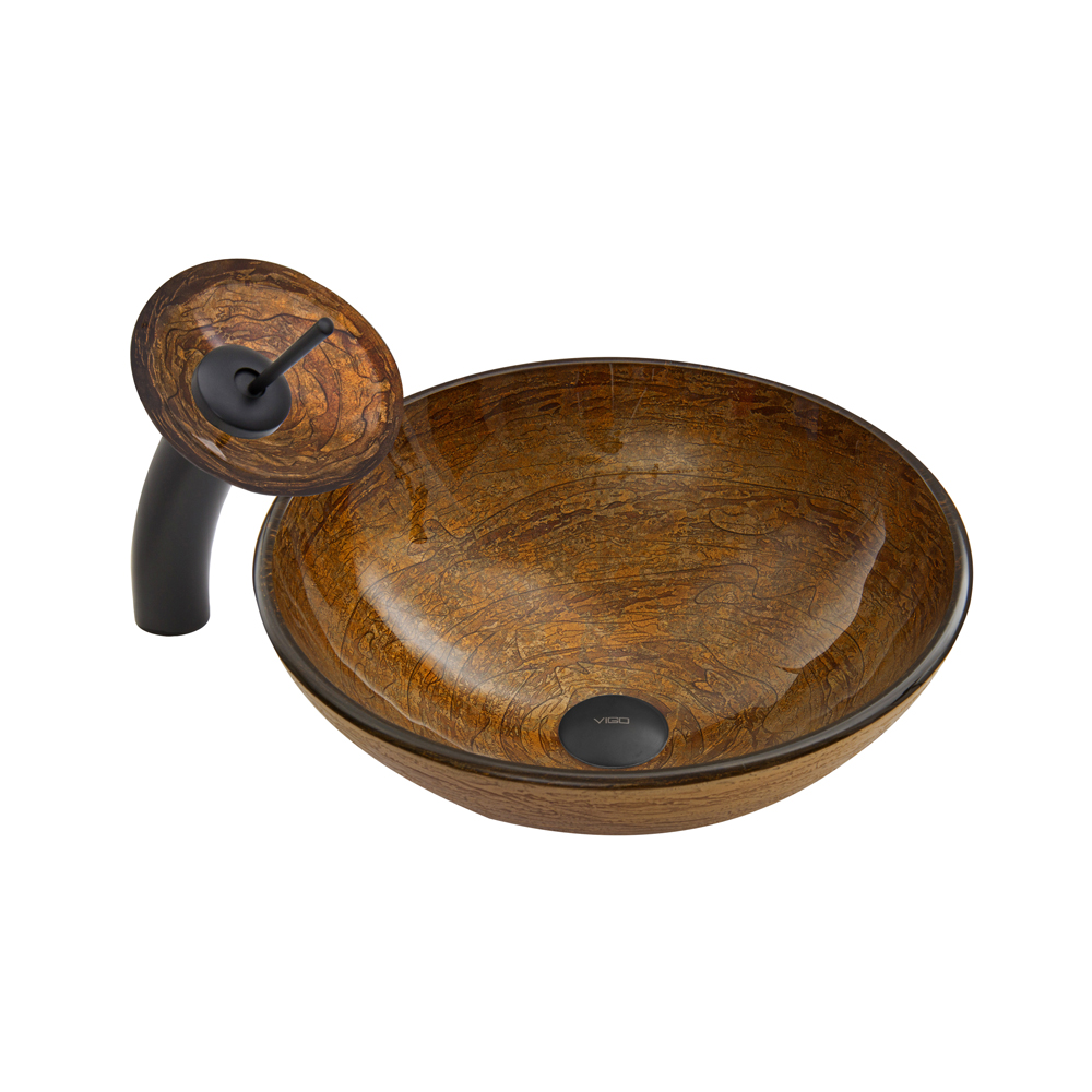 Cappuccino Swirl Glass Vessel Sink and Waterfall Faucet Set in Matte Black Finish