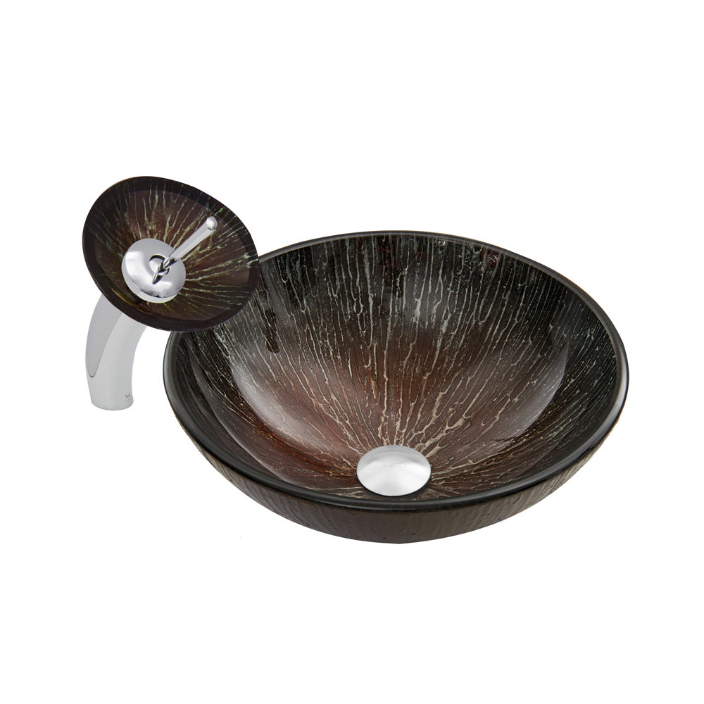 Enchanted Earth Glass Vessel Sink and Waterfall Faucet Set in Chrome Finish