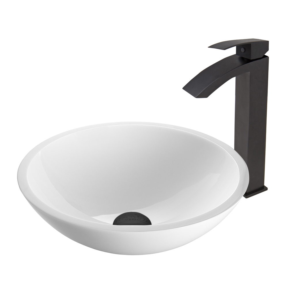 Flat Edged White Phoenix Stone Glass Vessel Sink and Duris Faucet Set in Matte Black