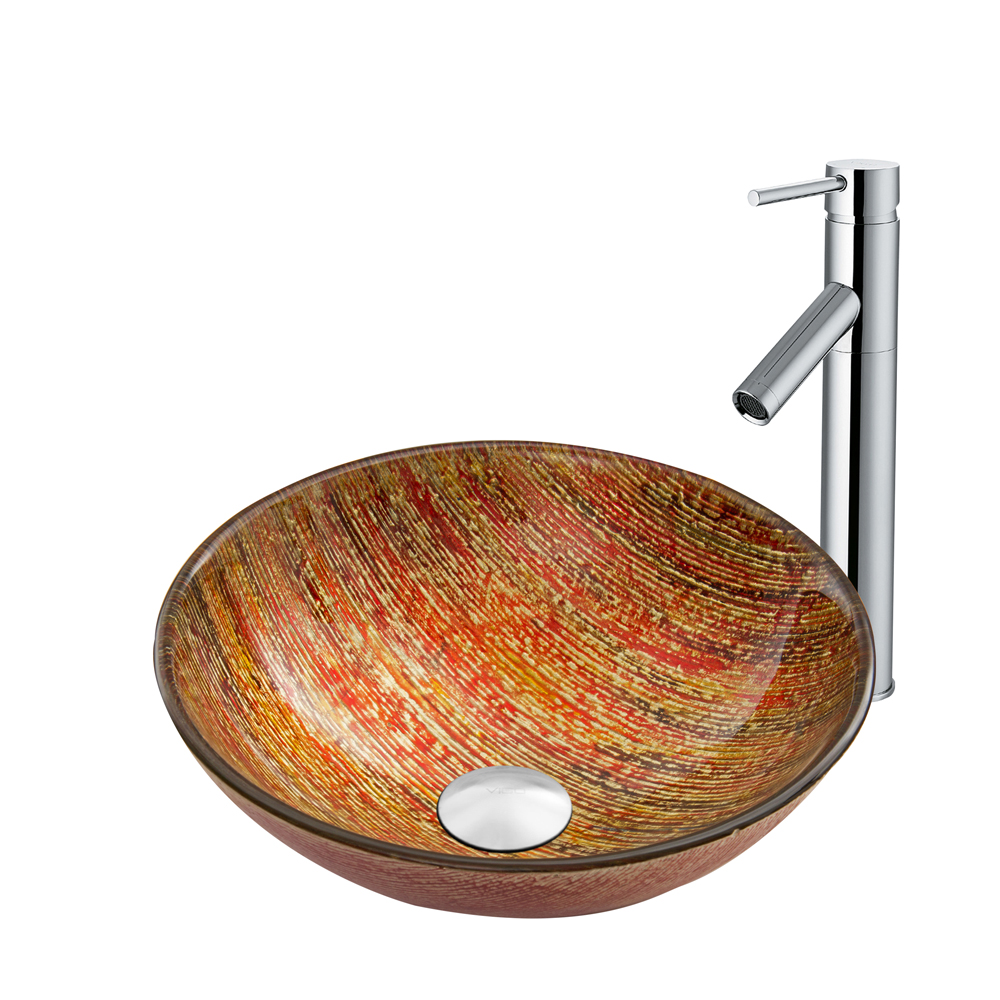 Blazing Fire Glass Vessel Sink and Dior Faucet Set in Chrome