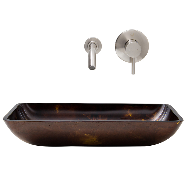 Rectangular Brown and Gold Fusion Glass Vessel Sink and Wall Mount Faucet Set in Brushed Nickel