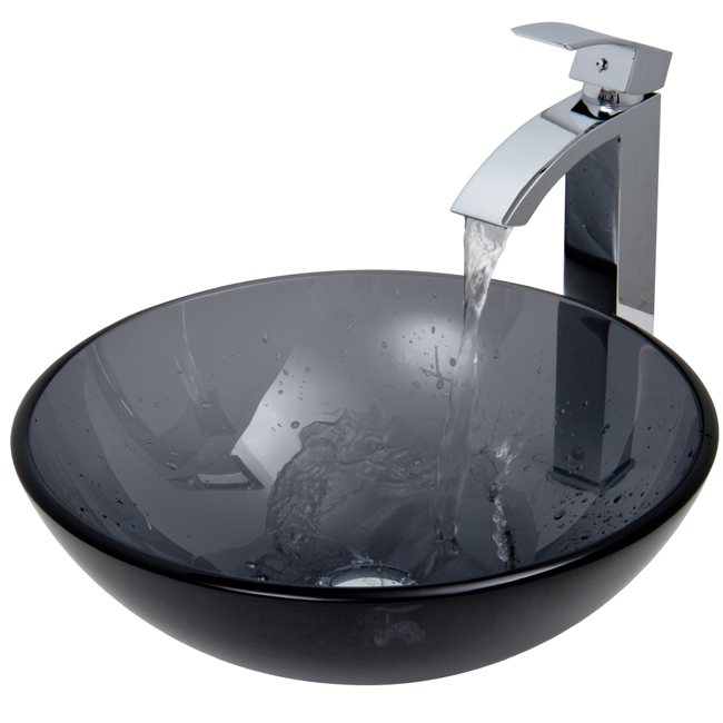 Sheer Black Glass Vessel Sink and Faucet Set in Chrome