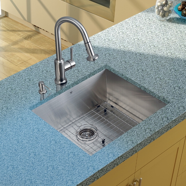 Undermount Stainless Steel Kitchen Sink, Faucet, Grid, Strainer and Dispenser