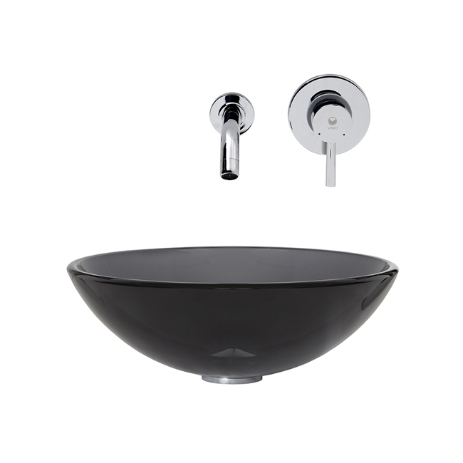Sheer Black Glass Vessel Sink and Wall Mount Faucet Set in Chrome