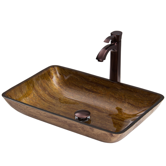 Rectangular Amber Sunset Glass Vessel Sink and Faucet Set in Oil Rubbed Bronze