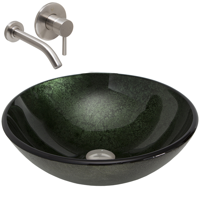 Emerald Glass Vessel Sink and Olus Wall Mount Faucet Set in Brushed Nickel