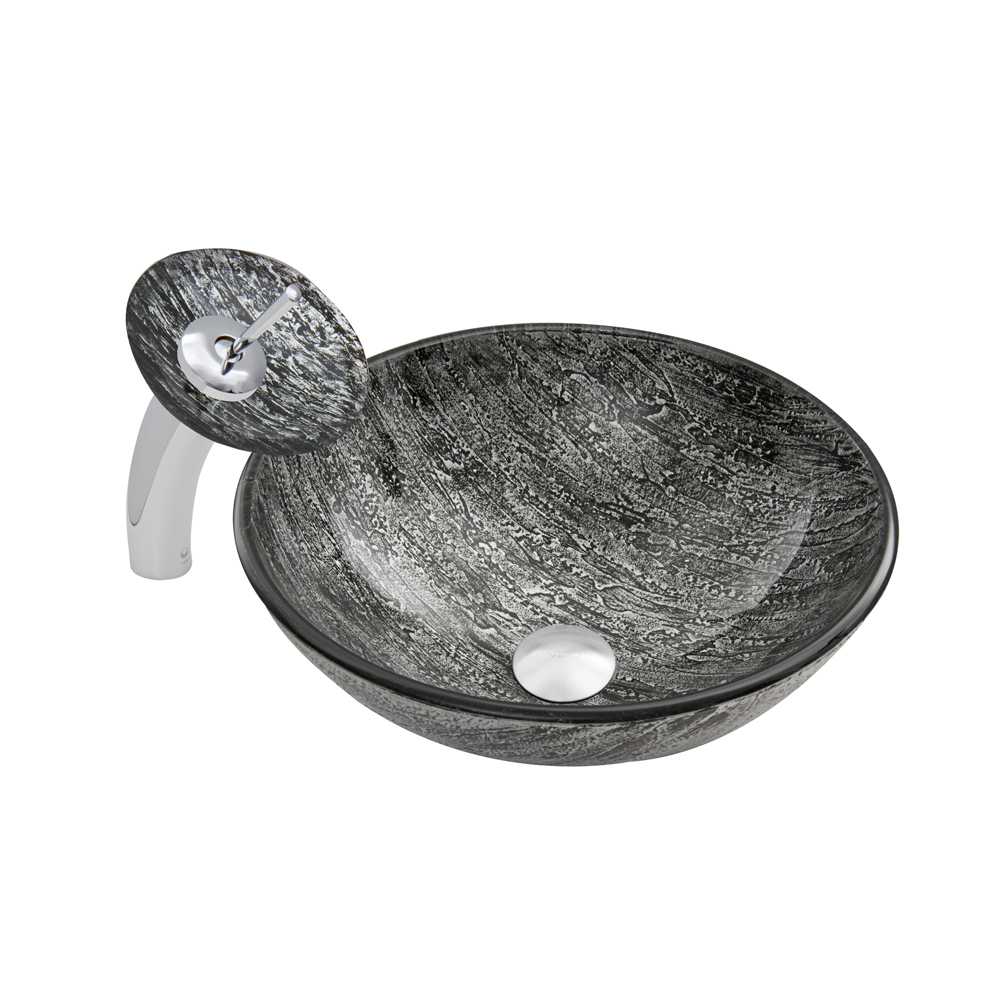 Titanium Glass Vessel Sink and Waterfall Faucet Set in Chrome Finish