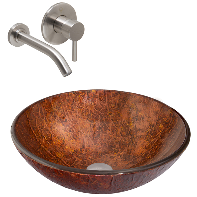 Mahogany Moon Glass Vessel Sink and Olus Wall Mount Faucet Set in Brushed Nickel