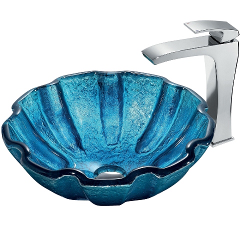 Mediterranean Seashell Glass Vessel Sink and Faucet Set in Chrome
