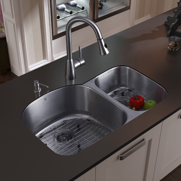 Undermount Stainless Steel Kitchen Sink, Faucet, Two Grids, Two Strainers and Dispenser