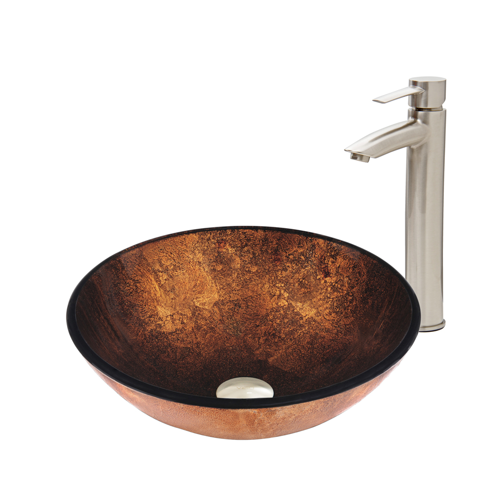 Russet Glass Vessel Sink and Shadow Faucet Set in Brushed Nickel