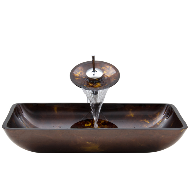 Rectangular Brown and Gold Fusion Glass Vessel Sink and Waterfall Faucet Set in Chrome