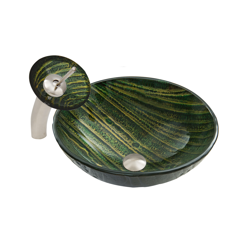 Green Asteroid Glass Vessel Sink and Waterfall Faucet Set in Brushed Nickel Finish