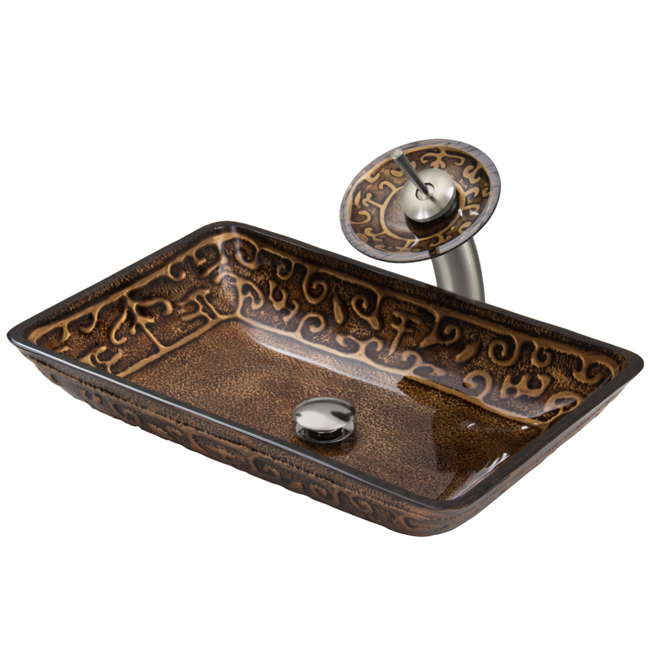 Rectangular Golden Greek Glass Vessel Sink and Waterfall Faucet Set in Brushed Nickel