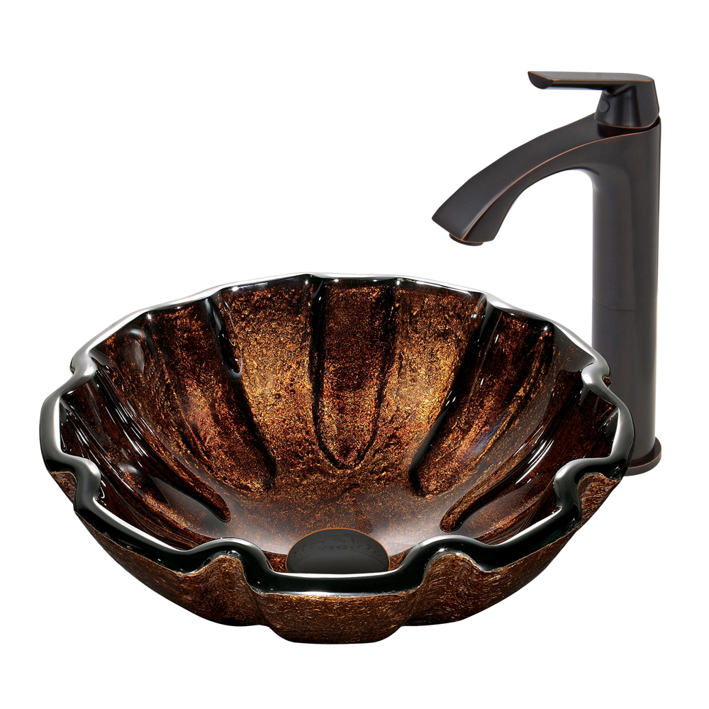 Walnut Shell Glass Vessel Sink and Linus Faucet Set in Antique Rubbed Bronze