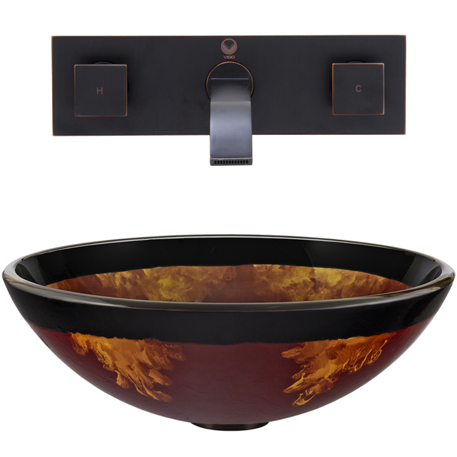 Auburn/Mocha Fusion Glass Vessel Sink and Titus Wall Mount Faucet Set in Antique Rubbed Bronze