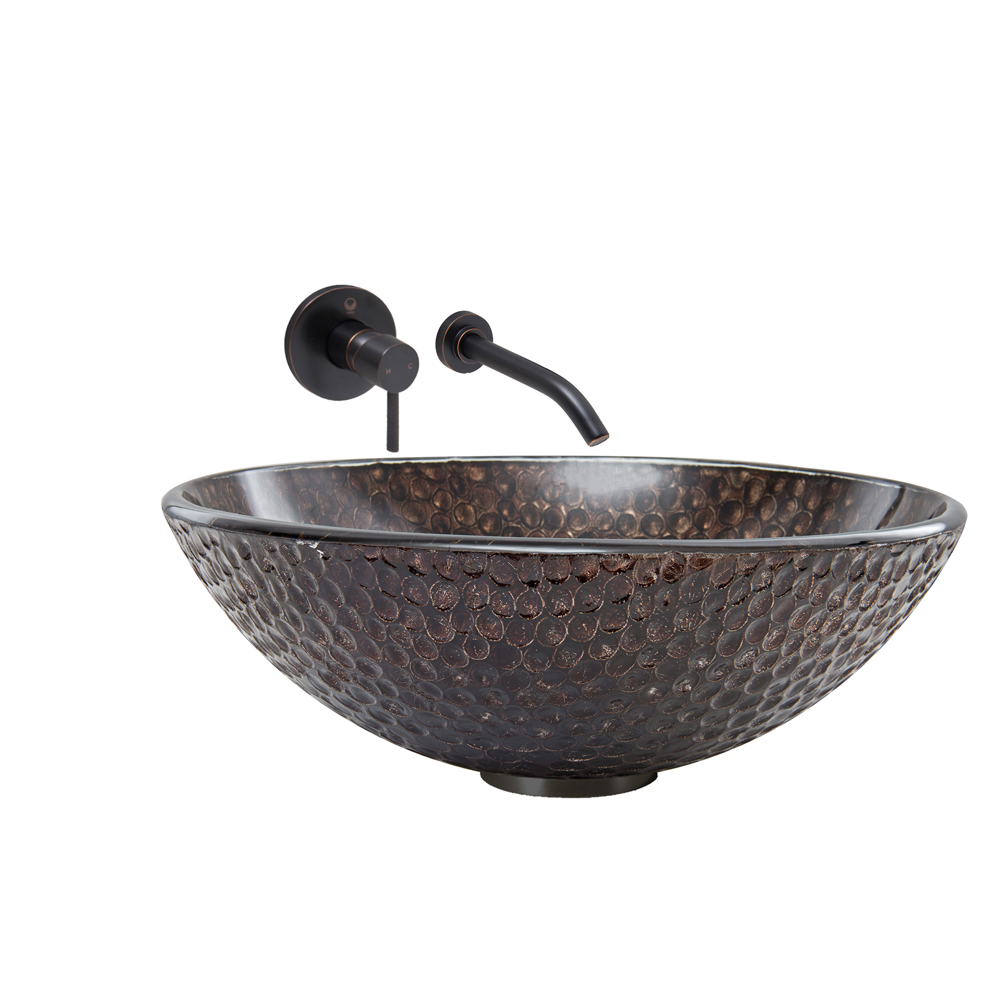 Copper Shield Glass Vessel Sink and Olus Wall Mount Faucet Set in Antique Rubbed Bronze