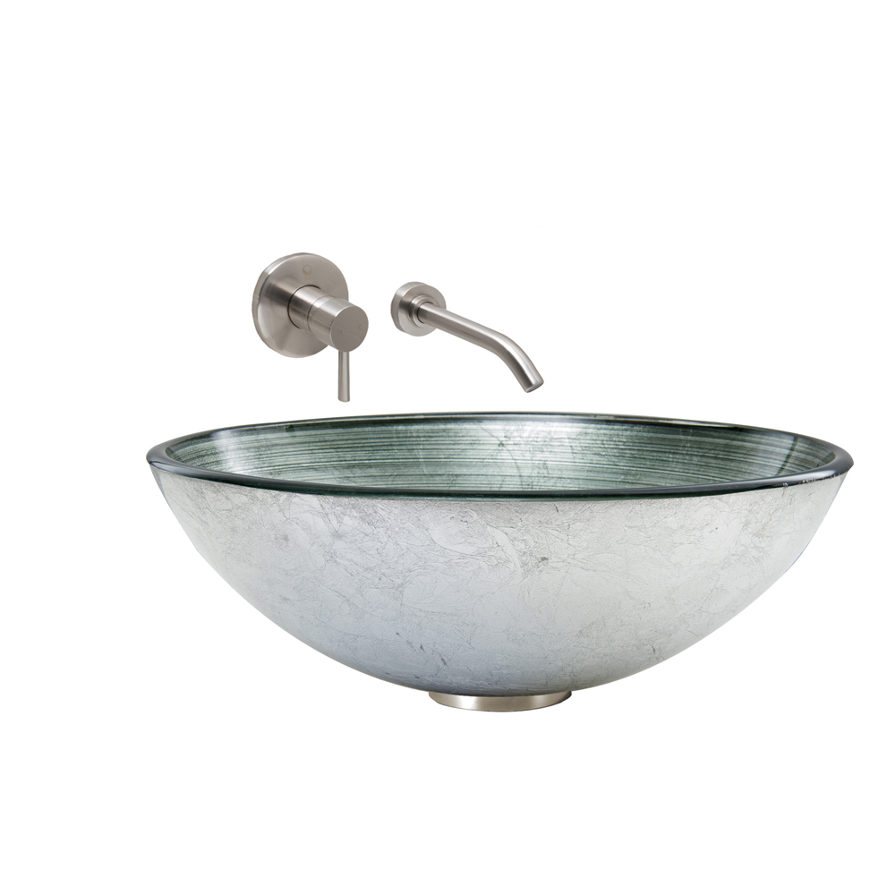 Simply Silver Glass Vessel Sink and Olus Wall Mount Faucet Set in Brushed Nickel