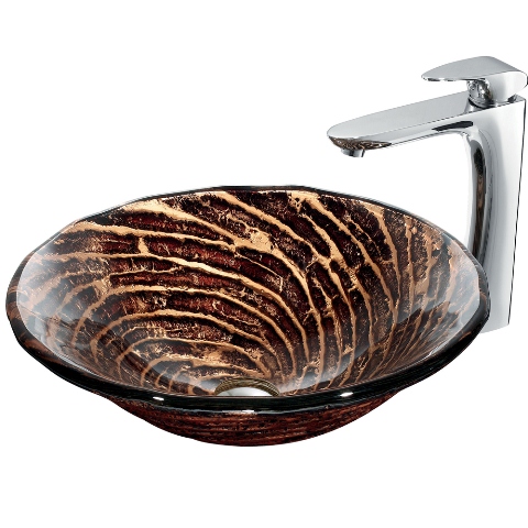 Chocolate Caramel Swirl Glass Vessel Sink and Faucet Set in Chrome