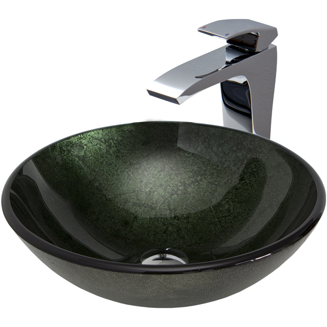 Emerald Glass Vessel Sink and Blackstonian Faucet Set in Chrome