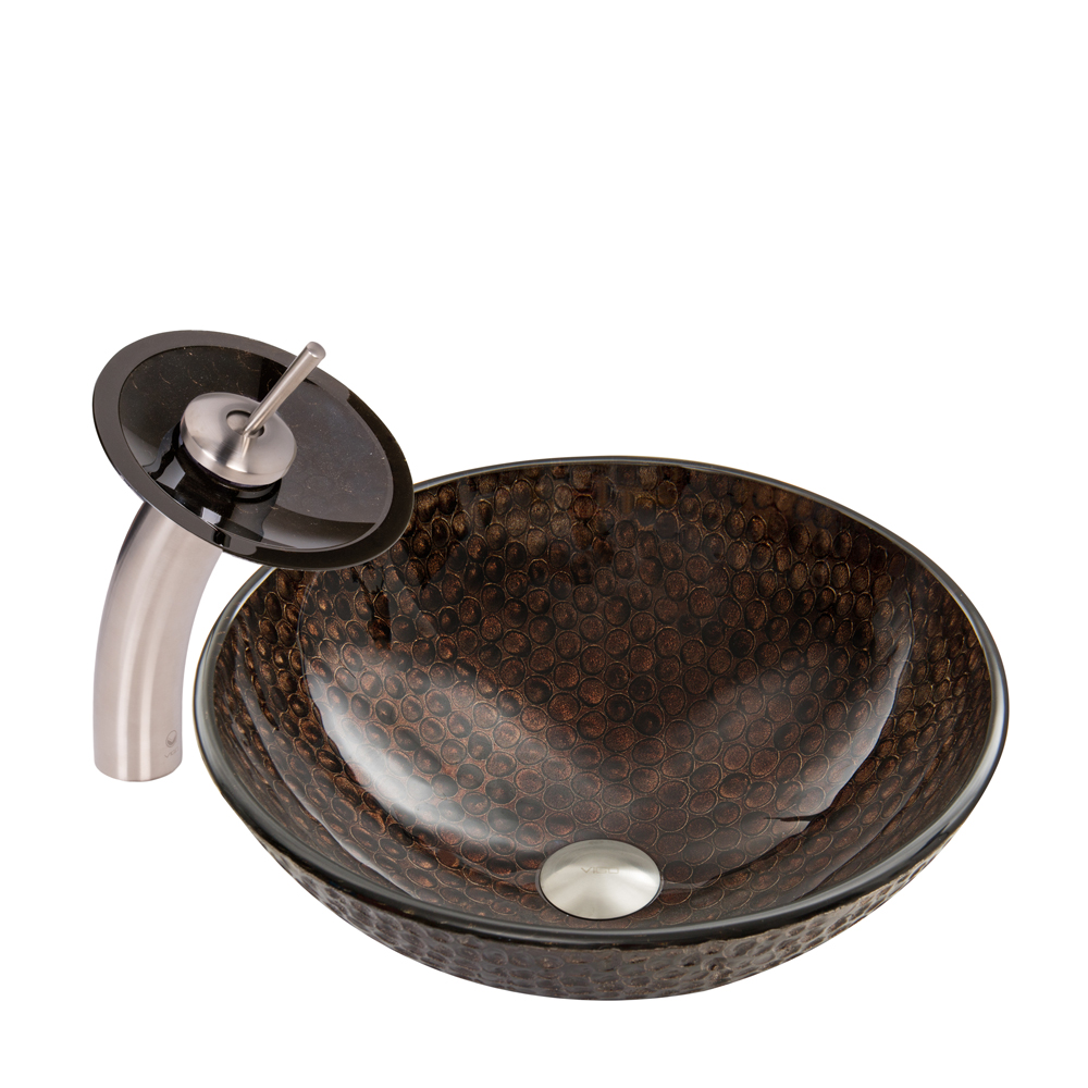 Copper Shield Glass Vessel Sink and Waterfall Faucet Set in Brushed Nickel Finish