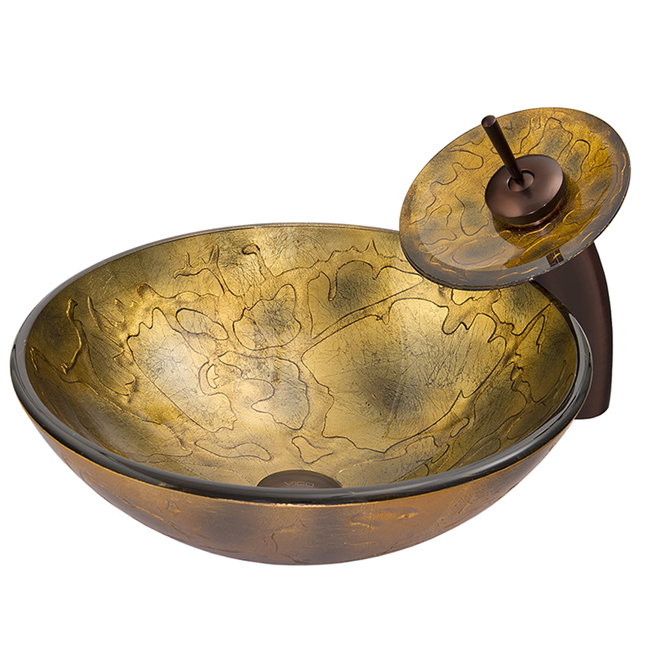 Copper Shapes Glass Vessel Sink and Waterfall Faucet Set in Oil Rubbed Bronze