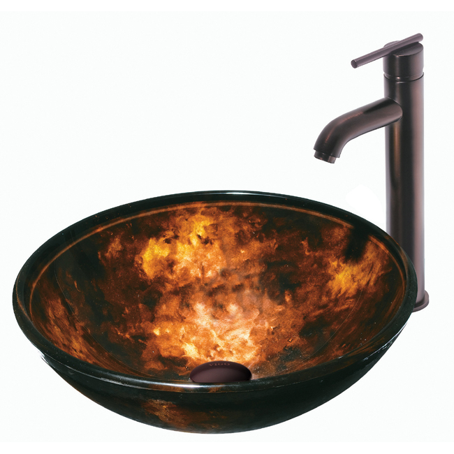 Brown and Gold Fusion Glass Vessel Sink and Faucet Set in Oil Rubbed Bronze