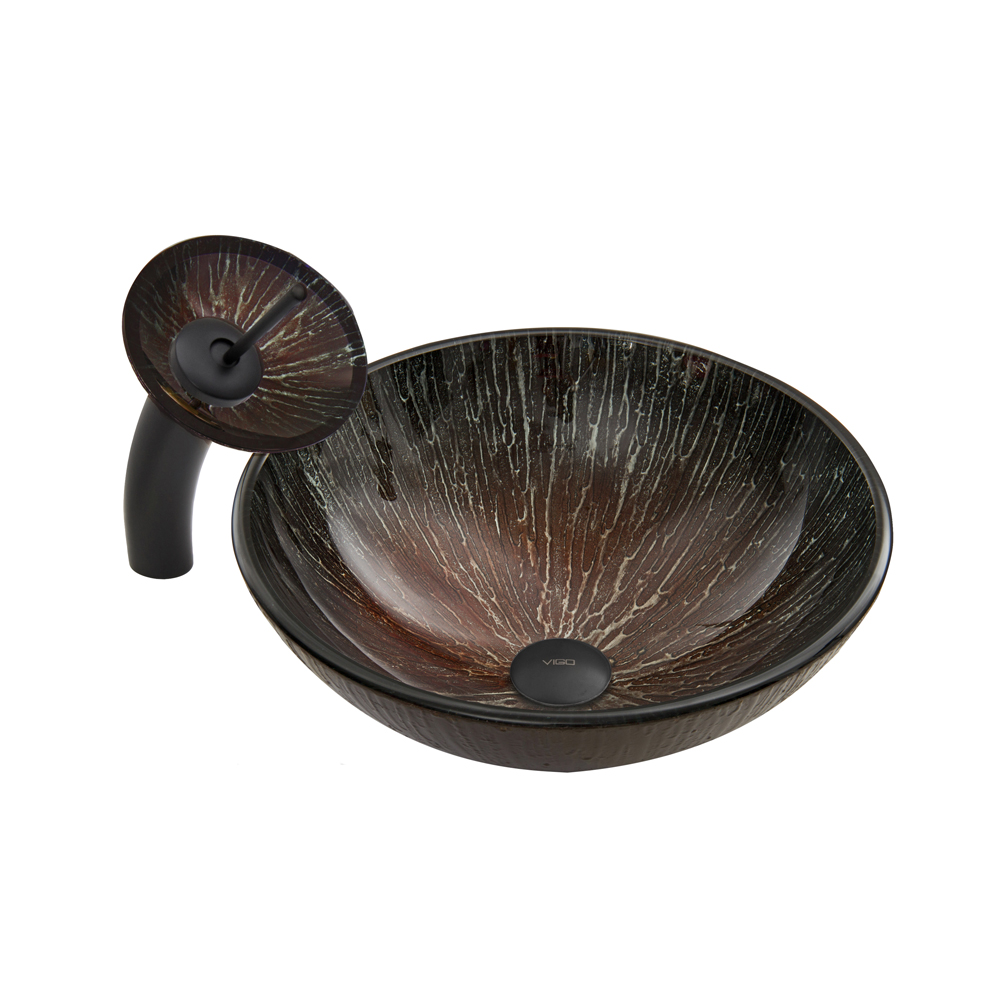 Enchanted Earth Glass Vessel Sink and Waterfall Faucet Set in Matte Black Finish