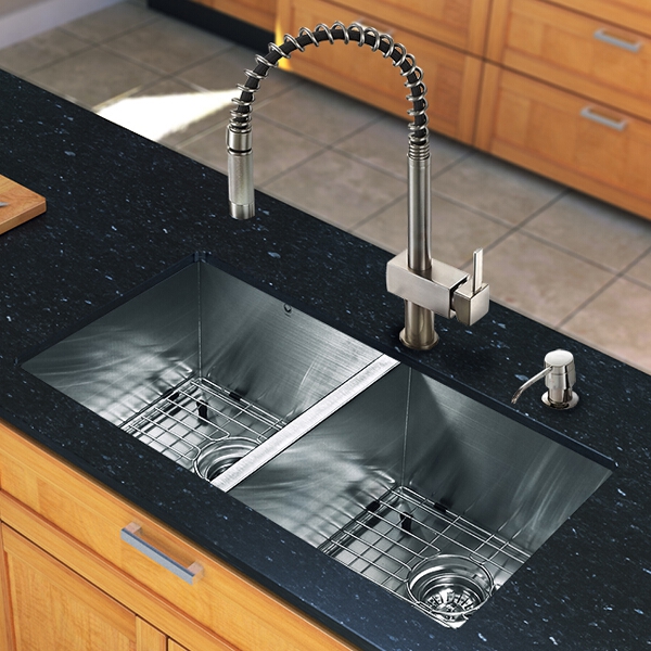 All in One 32-inch Undermount Stainless Steel Double Bowl Kitchen Sink and Faucet Set