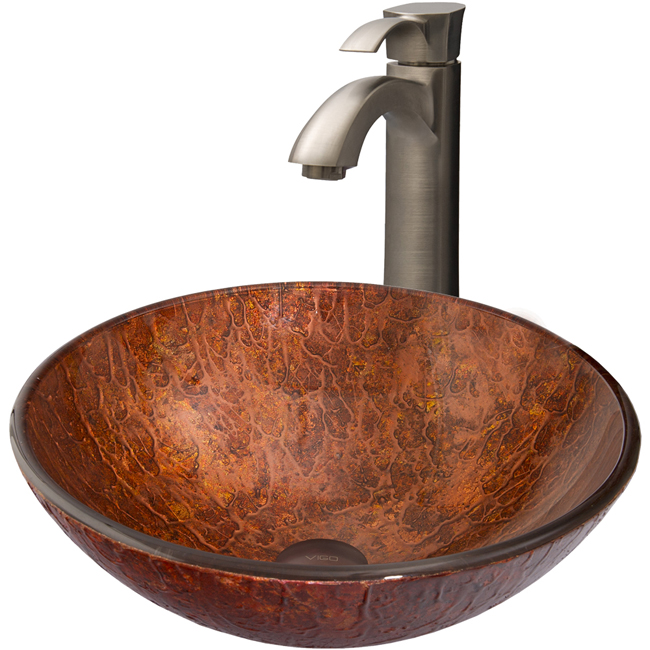 Mahogany Moon Glass Vessel Sink and Otis Faucet Set in Brushed Nickel