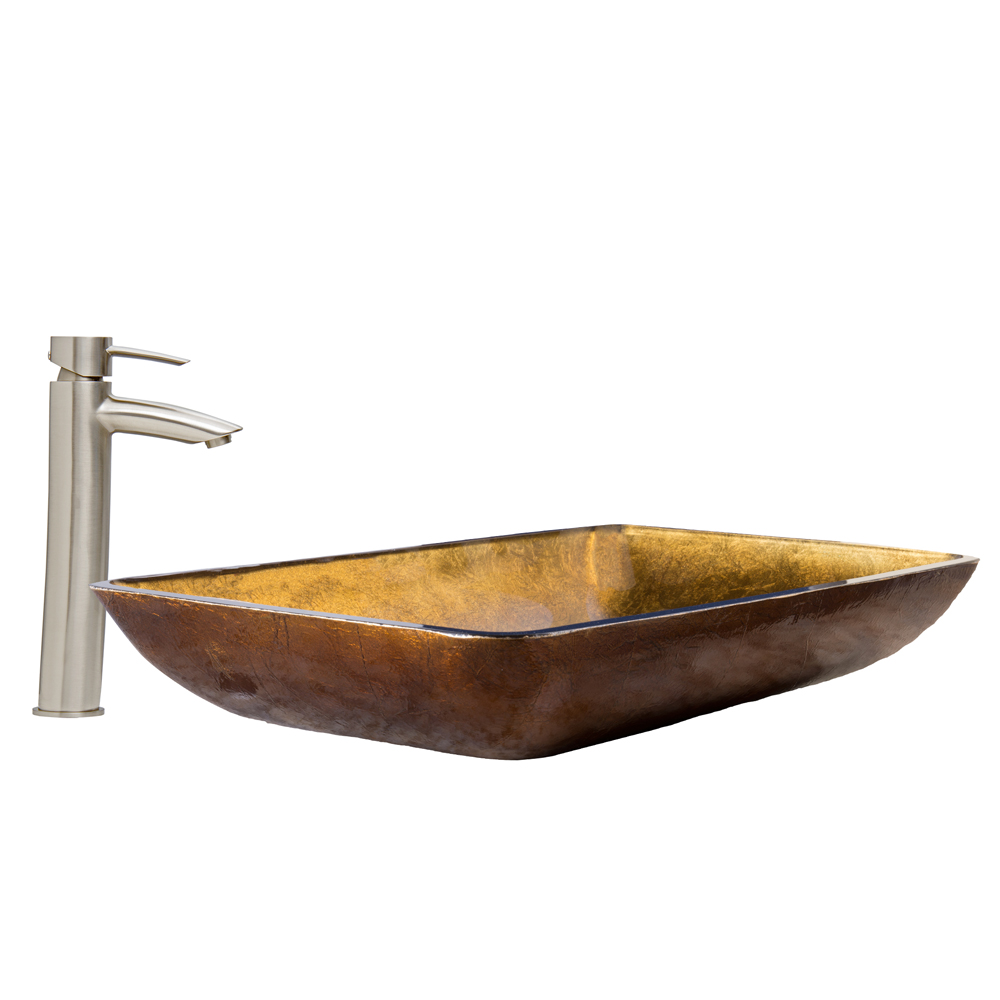 Rectangular Copper Glass Vessel Sink and Shadow Faucet Set in Brushed Nickel