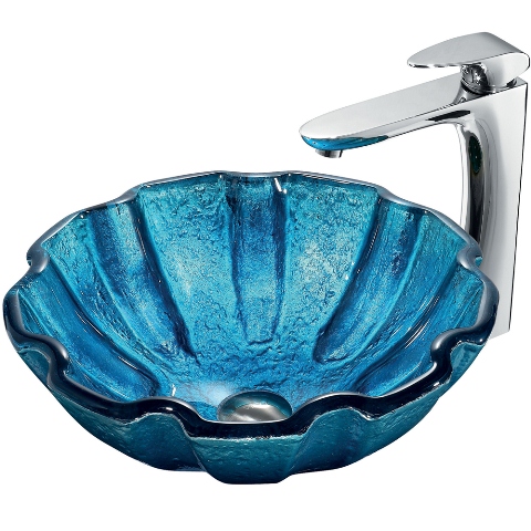 Mediterranean Seashell Glass Vessel and Faucet Set in Chrome