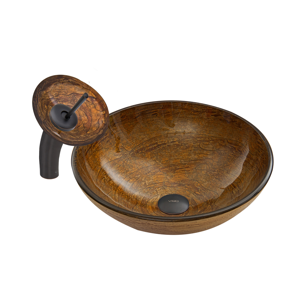 Cappuccino Swirl Glass Vessel Sink and Waterfall Faucet Set in Antique Rubbed Bronze Finish