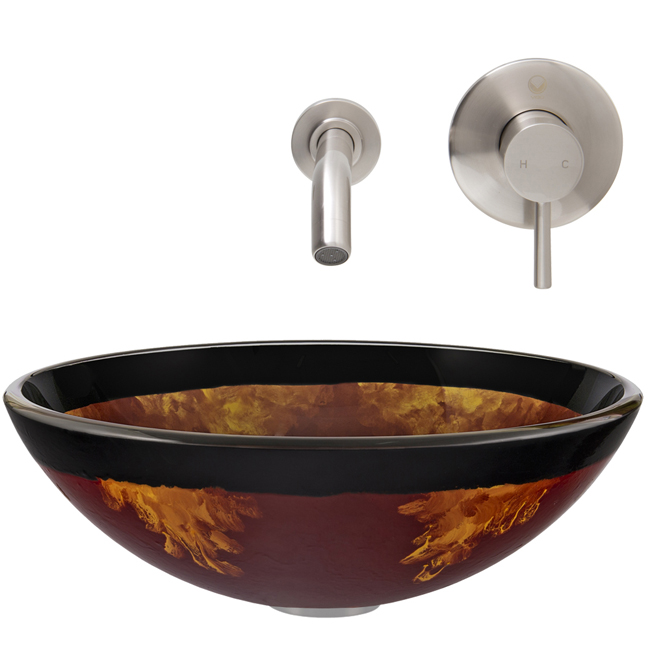 Auburn/Mocha Fusion Glass Vessel Sink and Olus Wall Mount Faucet Set in Brushed Nickel