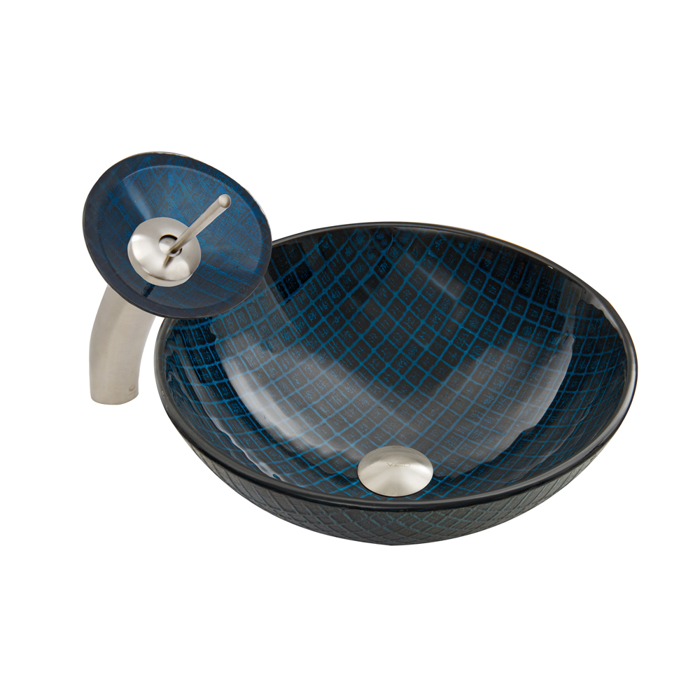 Blue Matrix Glass Vessel Sink and Waterfall Faucet Set in Brushed Nickel Finish