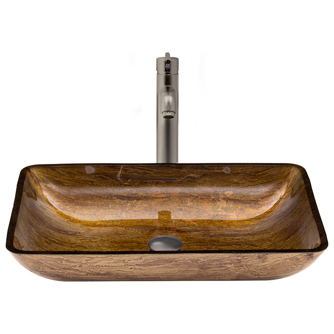 Rectangular Amber Sunset Glass Vessel Sink and Faucet Set in Brushed Nickel