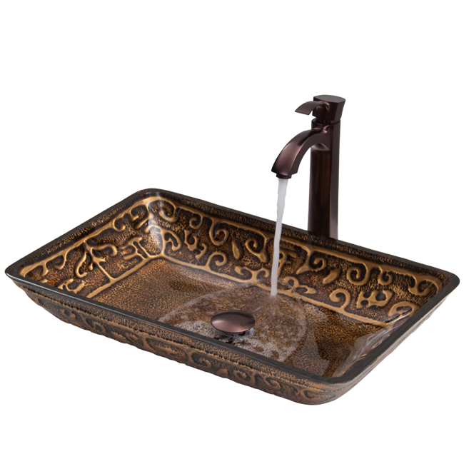 Rectangular Golden Greek Glass Vessel Sink and Faucet Set in Oil Rubbed Bronze