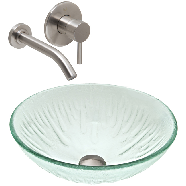 Icicles Glass Vessel Sink and Olus Wall Mount Faucet Set in Brushed Nickel