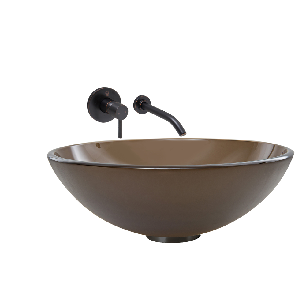 Sheer Sepia Frosted Glass Vessel Sink and Olus Wall Mount Faucet Set in Antique Rubbed Bronze