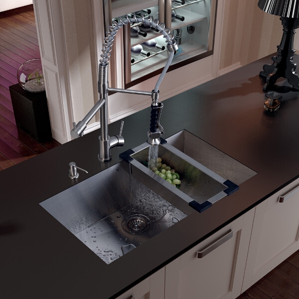 Undermount Stainless Steel Kitchen Sink, Faucet, Colander, Strainer and Dispenser