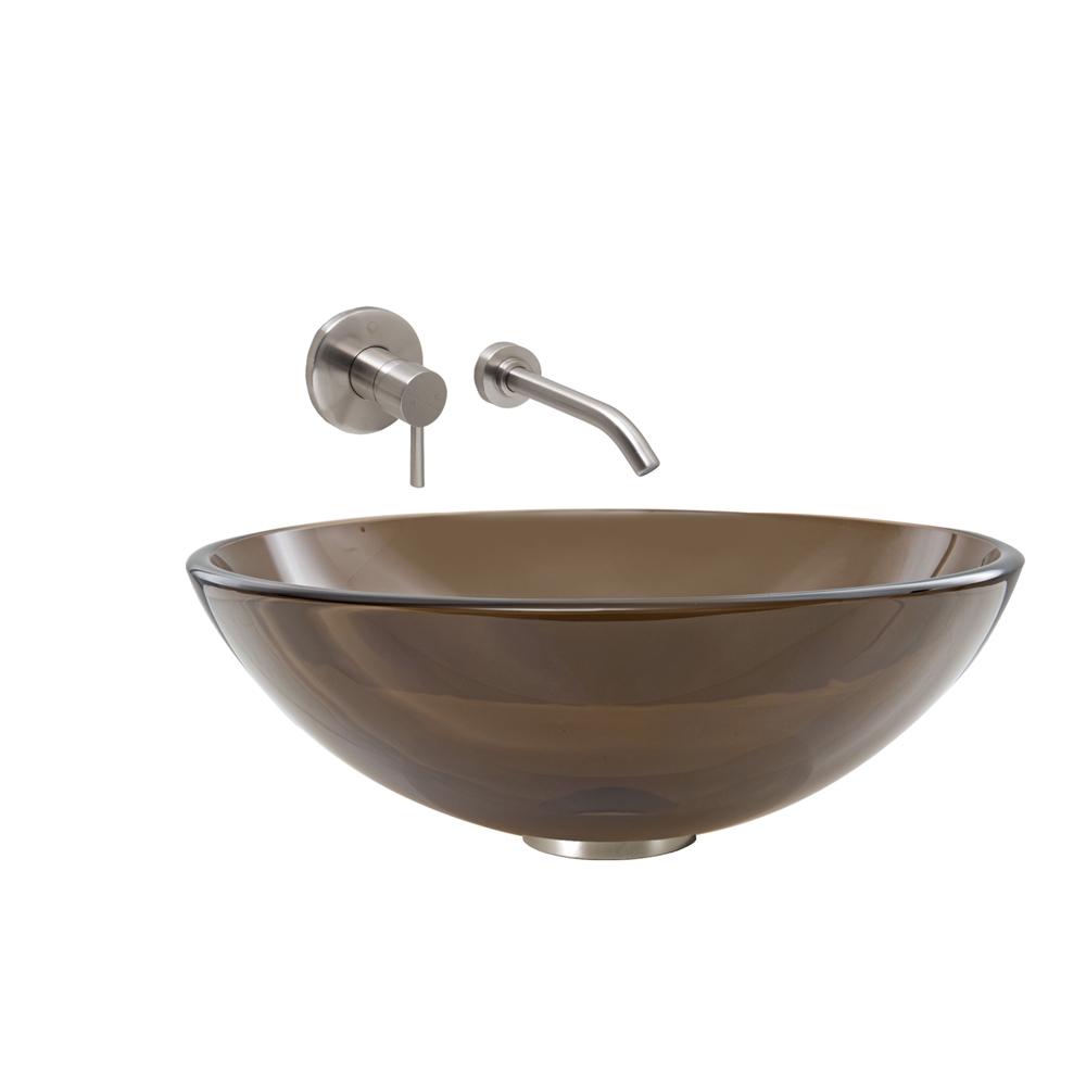Sheer Sepia Glass Vessel Sink and Olus Wall Mount Faucet Set in Brushed Nickel