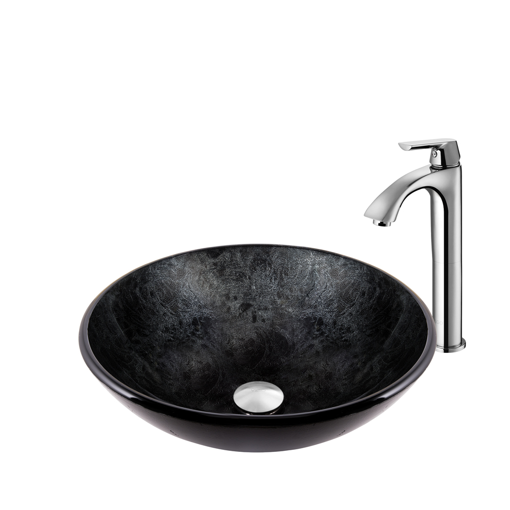 Gray Onyx Glass Vessel Sink and Linus Faucet set in Chrome