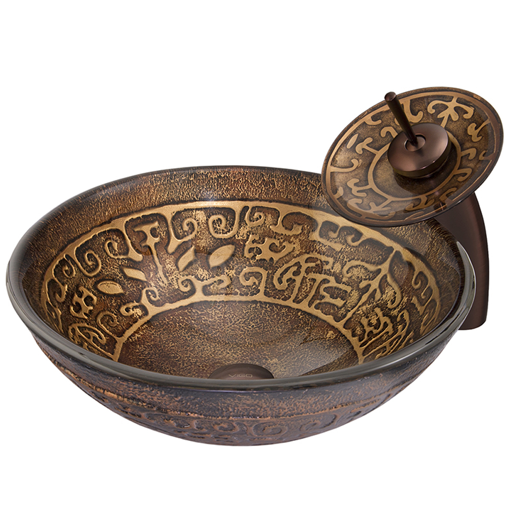 Golden Greek Glass Vessel Sink and Waterfall Faucet Set in Oil Rubbed Bronze