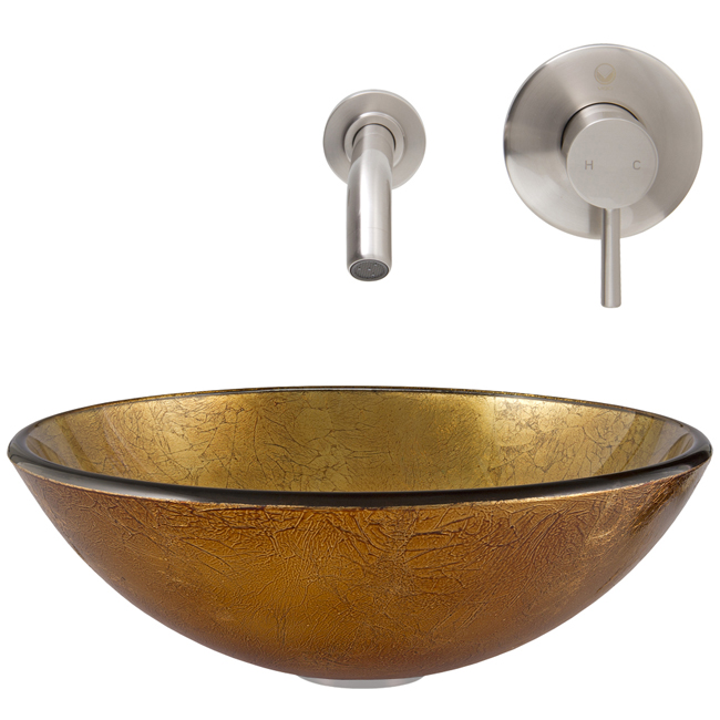 Liquid Gold Glass Vessel Sink and Olus Wall Mount Faucet Set in Brushed Nickel